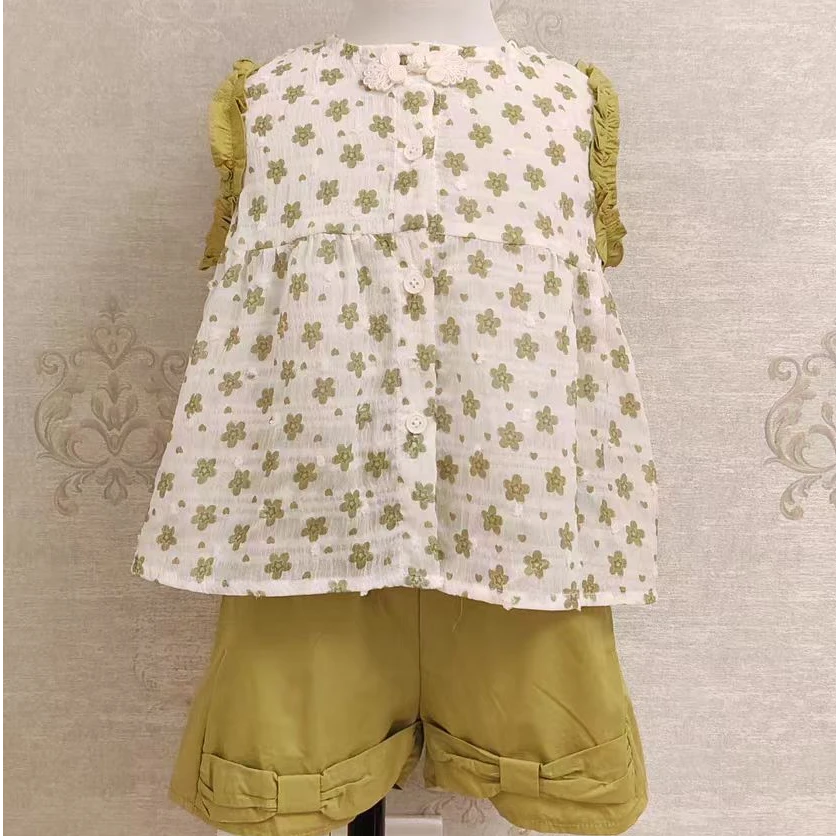 2417花边袖新中式套装小女孩休闲套装儿童套装两件套夏款