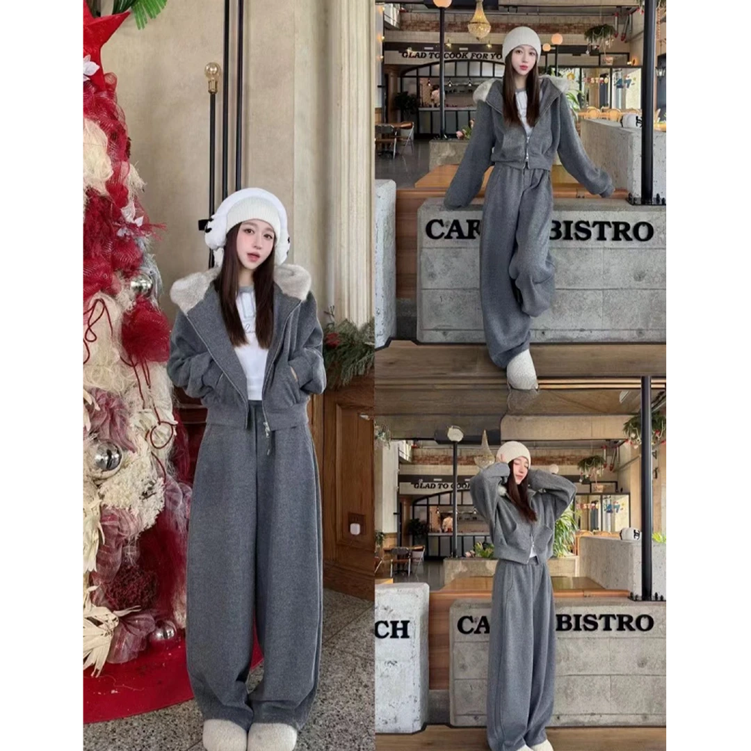 【YIBUDAOWEI】双拉链连帽毛毛卫衣上衣+松紧腰直筒裤套装 83185