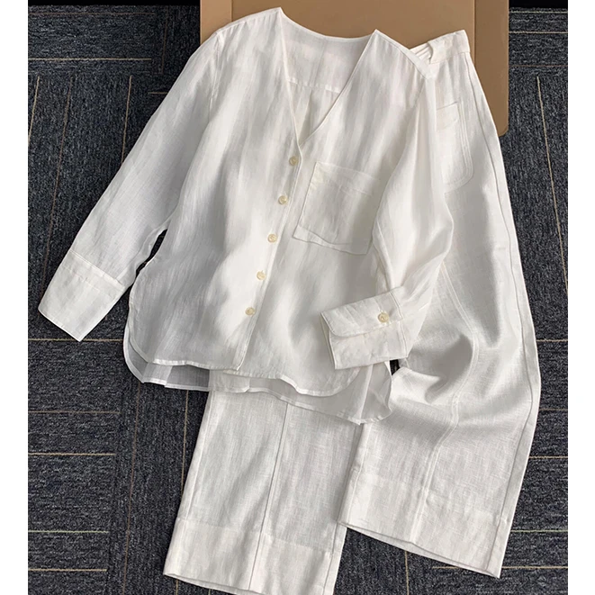 韩版ins风亚麻长袖睡衣女2025新款春季气质白色上衣阔腿裤家居服