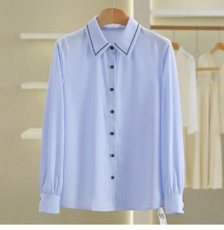 伍莎服饰云仓【衣香】春秋蓝色文艺风宽松长袖单排扣百搭衬衫