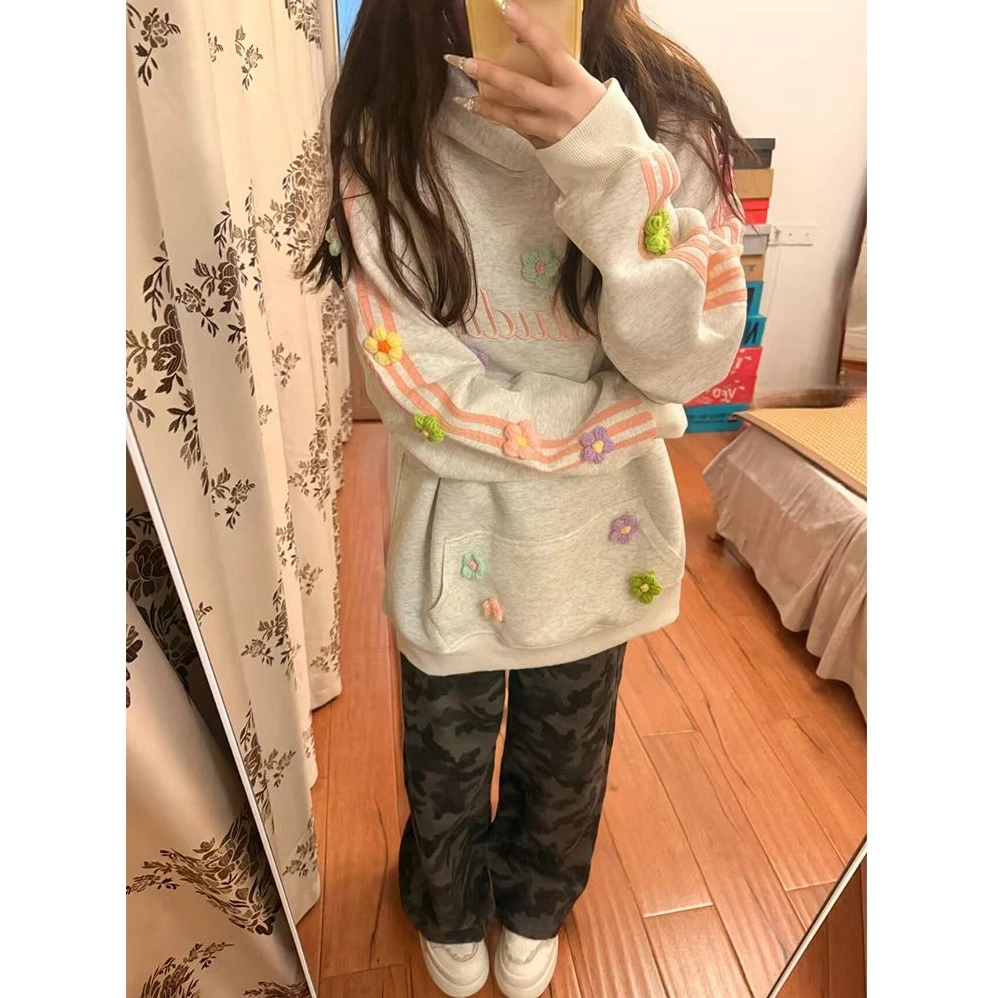 【帝韵】复古立体花朵字母刺绣连帽卫衣女早秋宽松情侣穿搭外套上衣