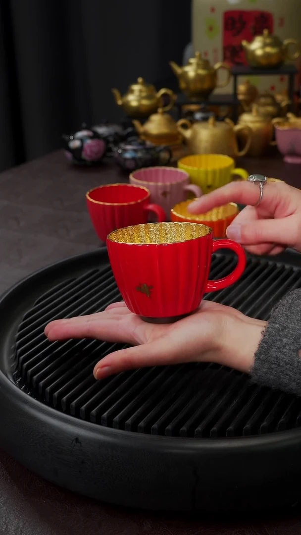 【闪购商品】杯【宜景窑中国红鎏金】筋纹马克杯