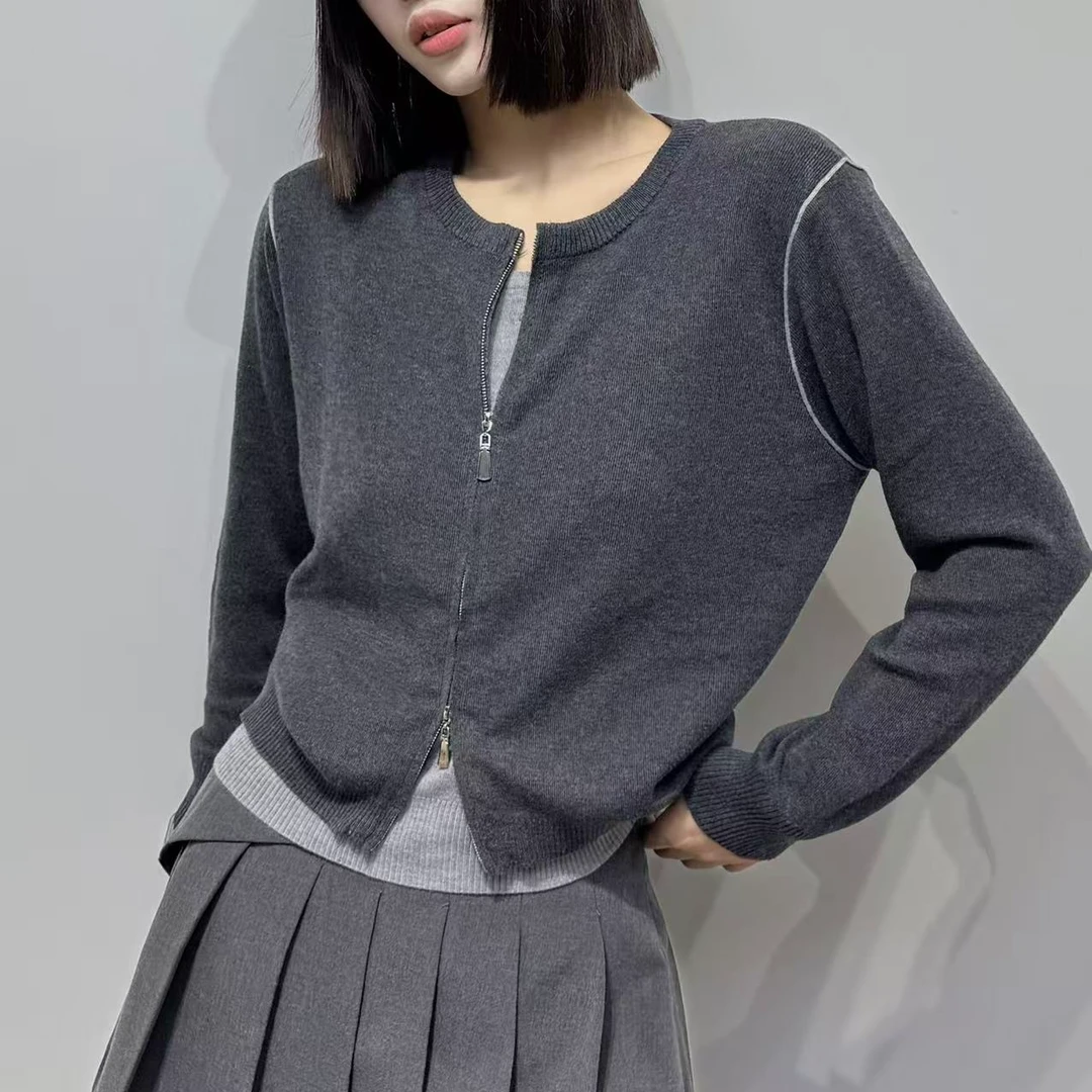 7240#秋冬新款假两件格蕾系穿搭慵懒复古假两件毛衣针织拉链开衫