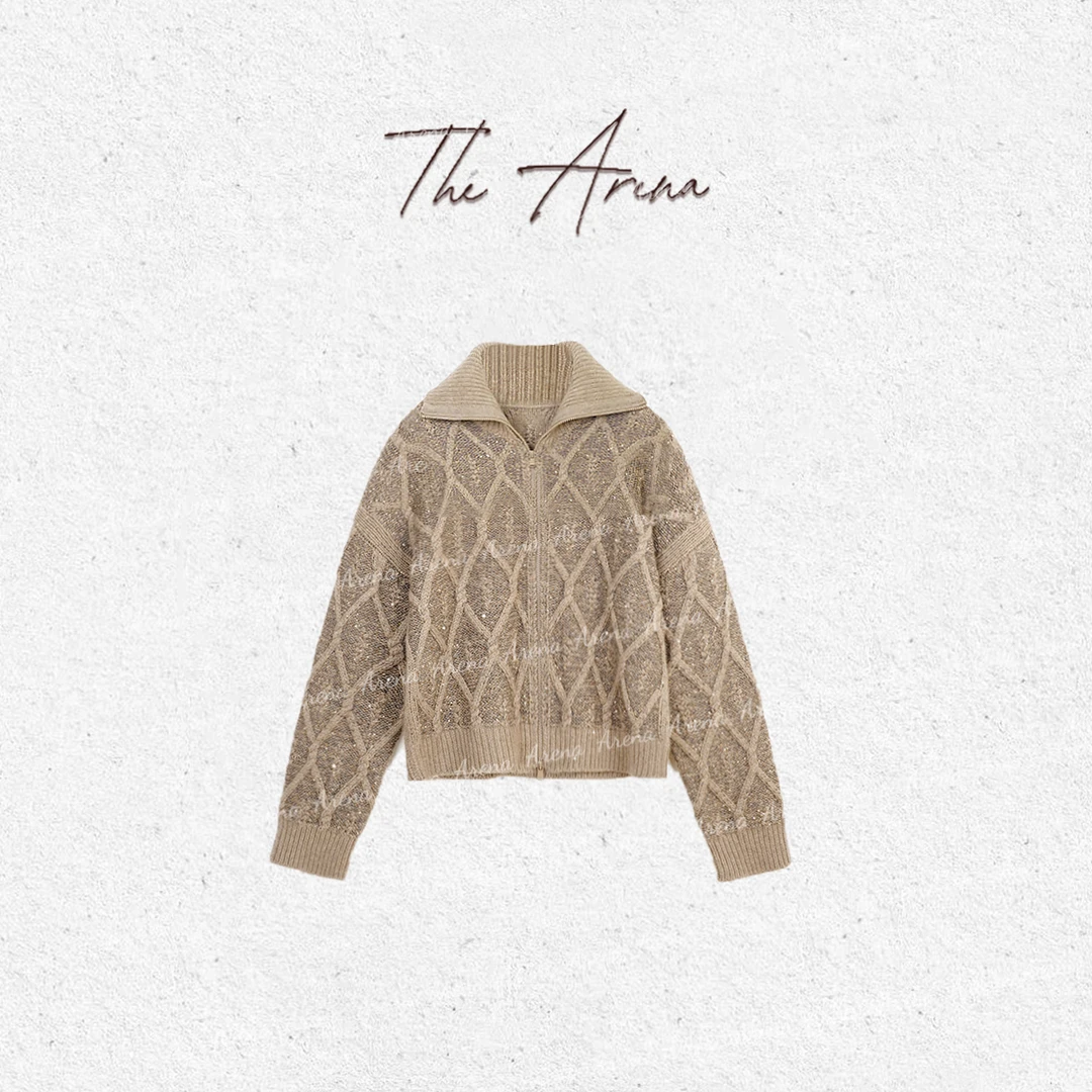 琥珀流光风“璀璨人生”羊毛羊绒混纺高领拉链亮片毛衣开衫XY-3797