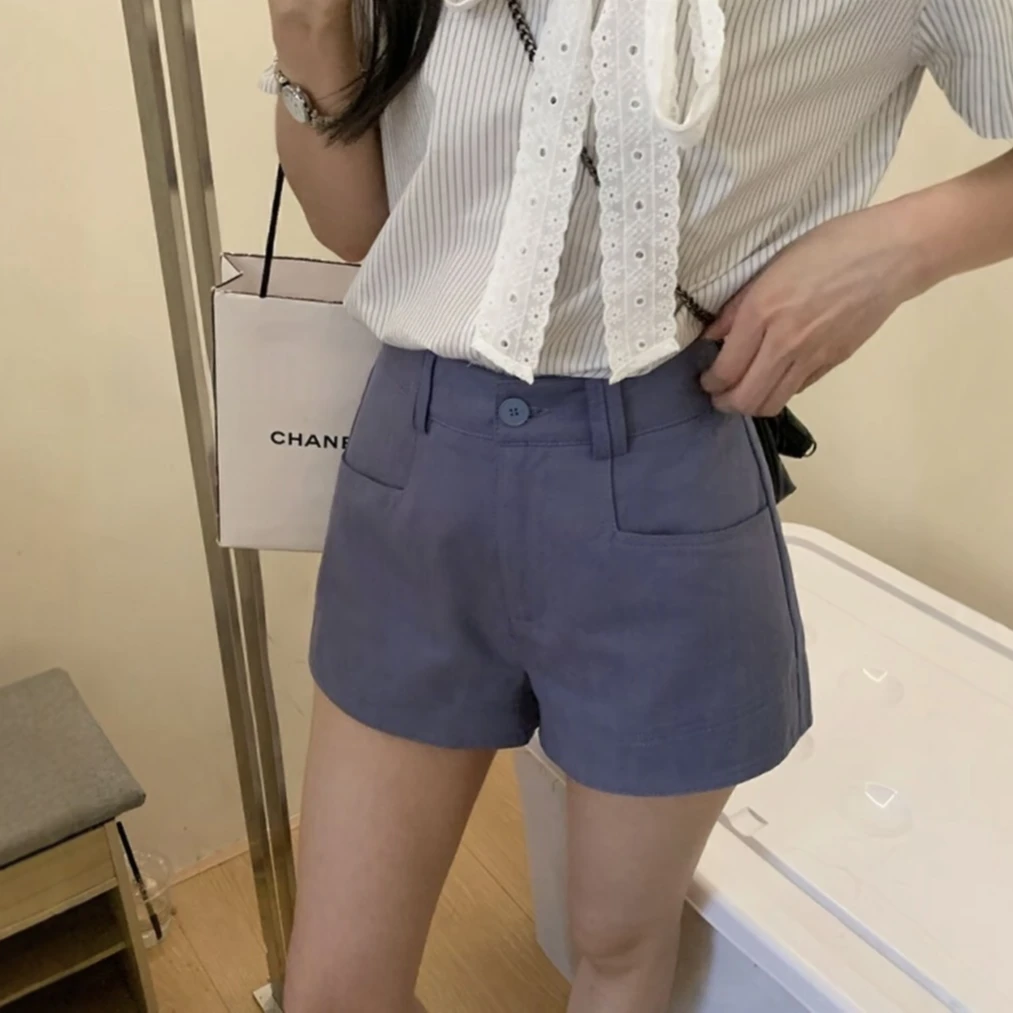 高端货~紫色透气高腰显腿阔腿短裤女夏季休闲裤子