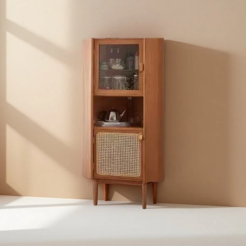 落地转角储物柜北欧实木客厅柜客餐厅三角形藤编置物架五角边