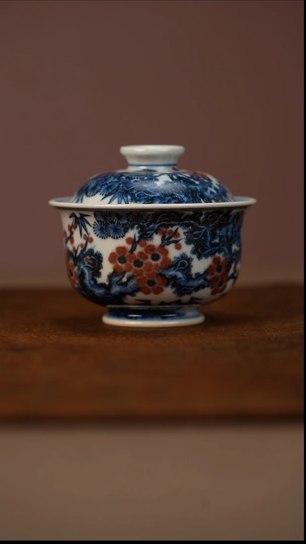 瓷又见春风青花釉里红松竹梅盖碗