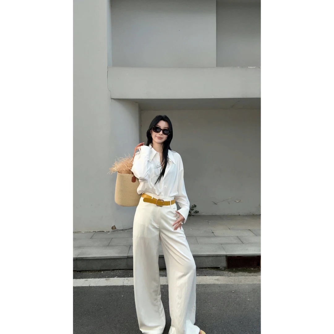 【鸽子的衣橱】 入夏 凉凉裤韩系复古松紧腰直筒休闲宽松显瘦裤白色