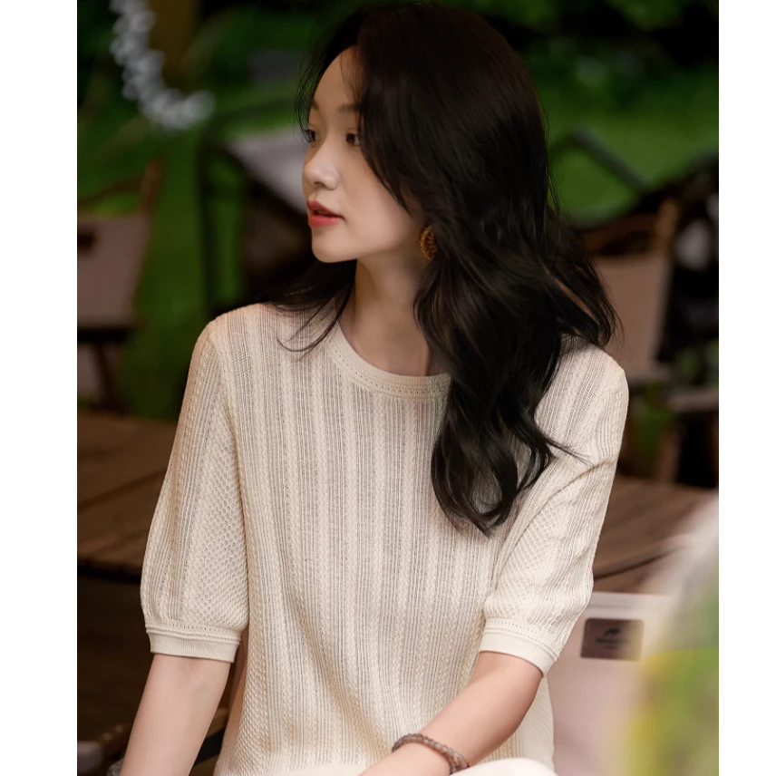 淡颜好物"云笺"夏凉衫 丝棉套头针织衫女圆领短袖上衣ZYM863310MG