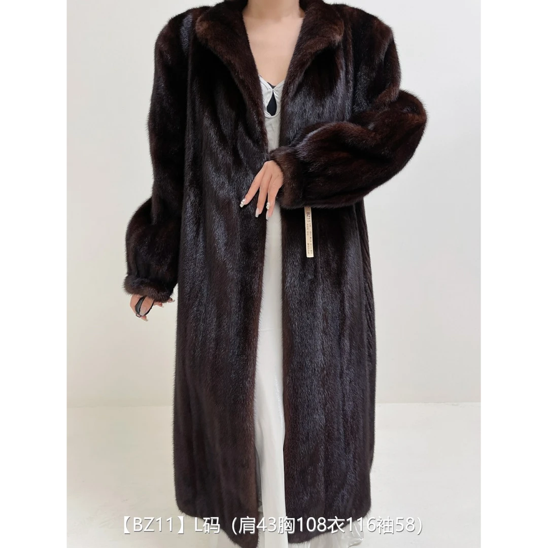 【BZ11】L码 中古棕超长款全抽貂皮大衣皮草 翻领泡泡袖