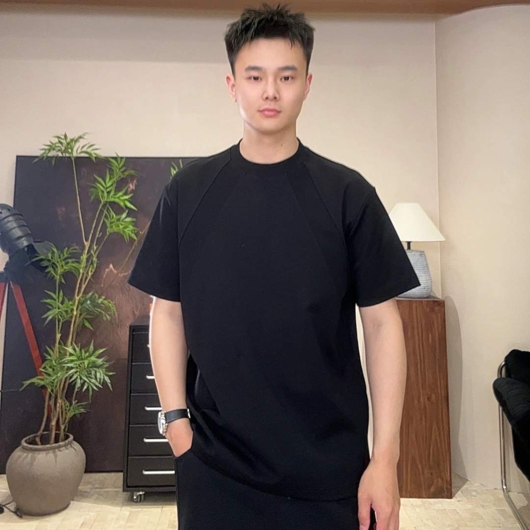 男士圆领拼接纯色2025春季新款潮流百搭T恤8868