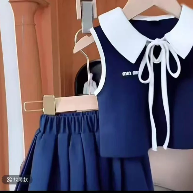 【思晨家】048 童装套头女童洋气夏季套装韩版百褶裙子常规学院风