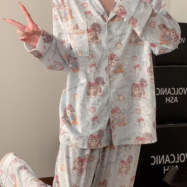 秋冬季长袖长裤卡通印花金钻绒亲肤甜美女士睡衣家居服套装