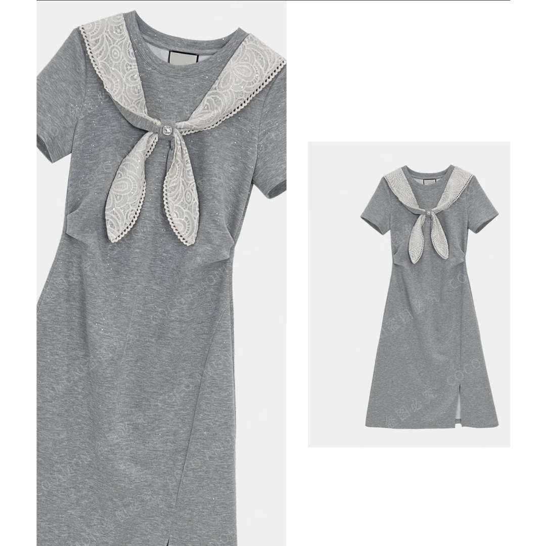 A198【兔耳朵】夏季新款A字裙大码连衣裙法式中长裙子短袖斜襟拼接