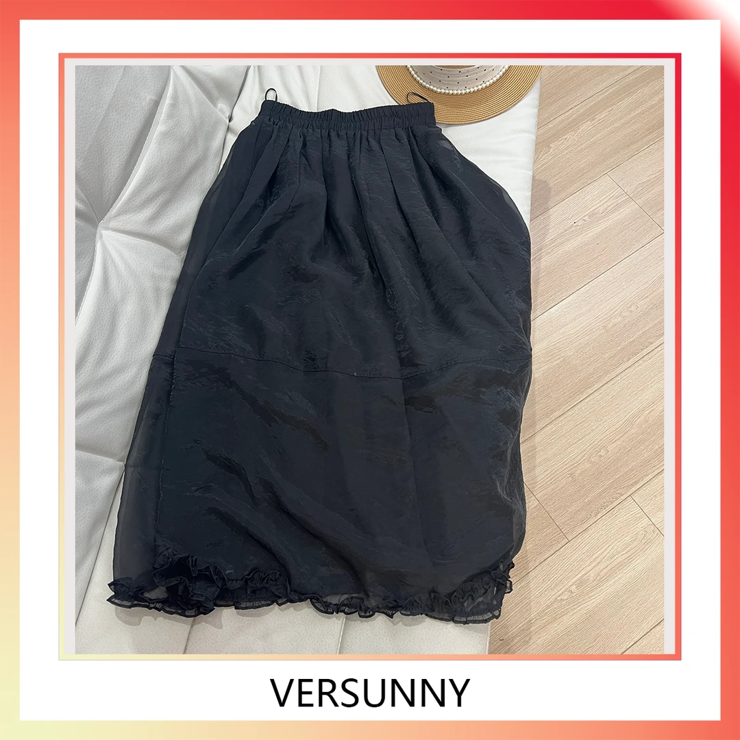 (5976)假日漫游 欧根纱 复古A字裙 下摆荷叶边 松紧腰舒适飘逸