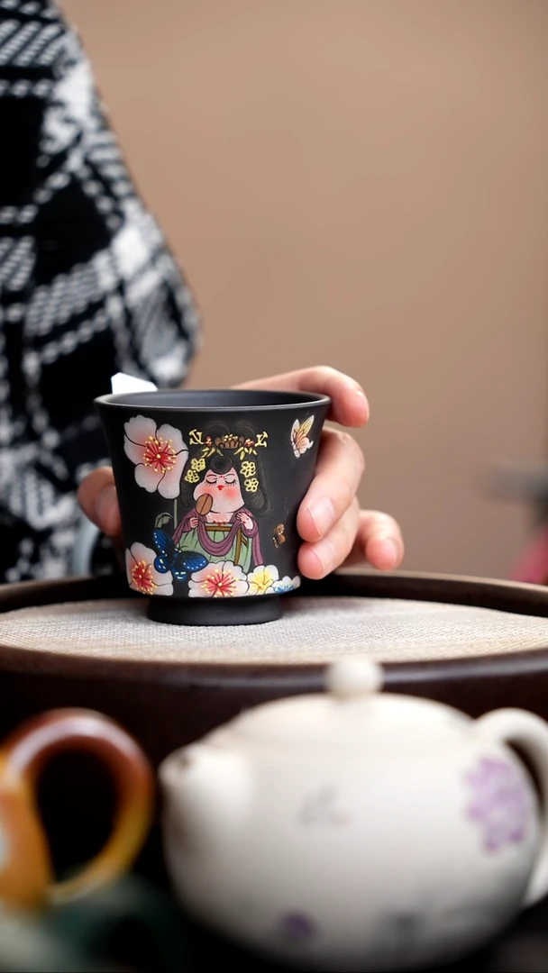 茶壶紫砂云雾天青马蹄杯泥绘唐美人