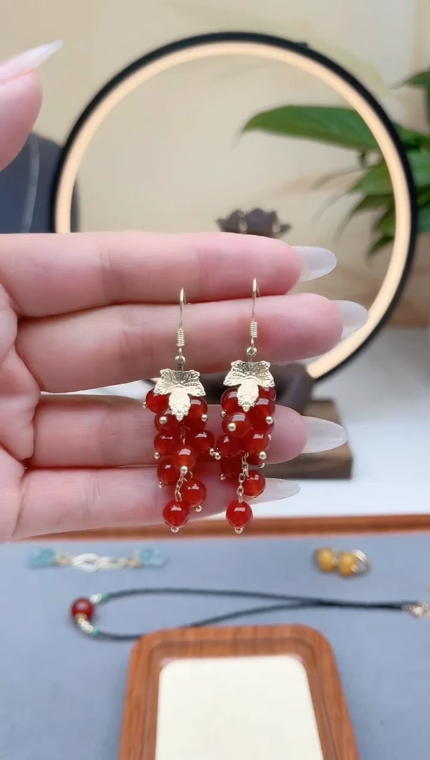 玛瑙/玉髓耳饰银S925镶嵌00葡萄红色