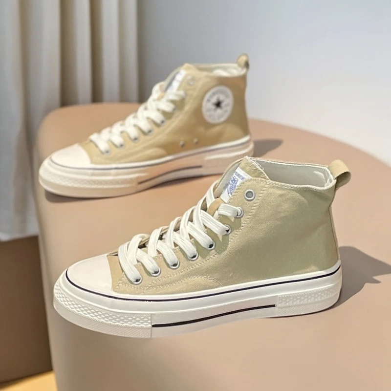 心芘女士布鞋夏季新款高帮帆布鞋薄款平底系带百搭休闲运动板鞋潮