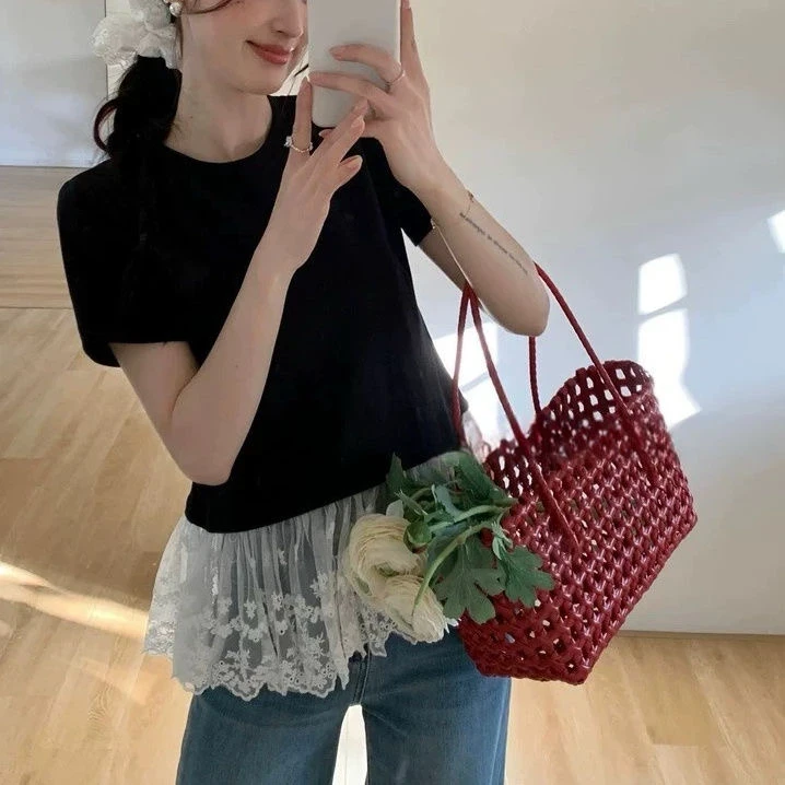 甜美法式芭蕾风蕾丝网纱拼接裙摆短袖T恤女圆领减龄百搭显瘦上衣