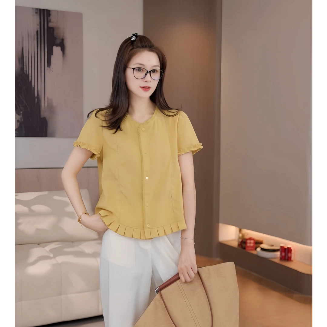 豆豆3【花边衬衫】夏季清爽设计感纯色衬衣开衫短袖上衣-D2069