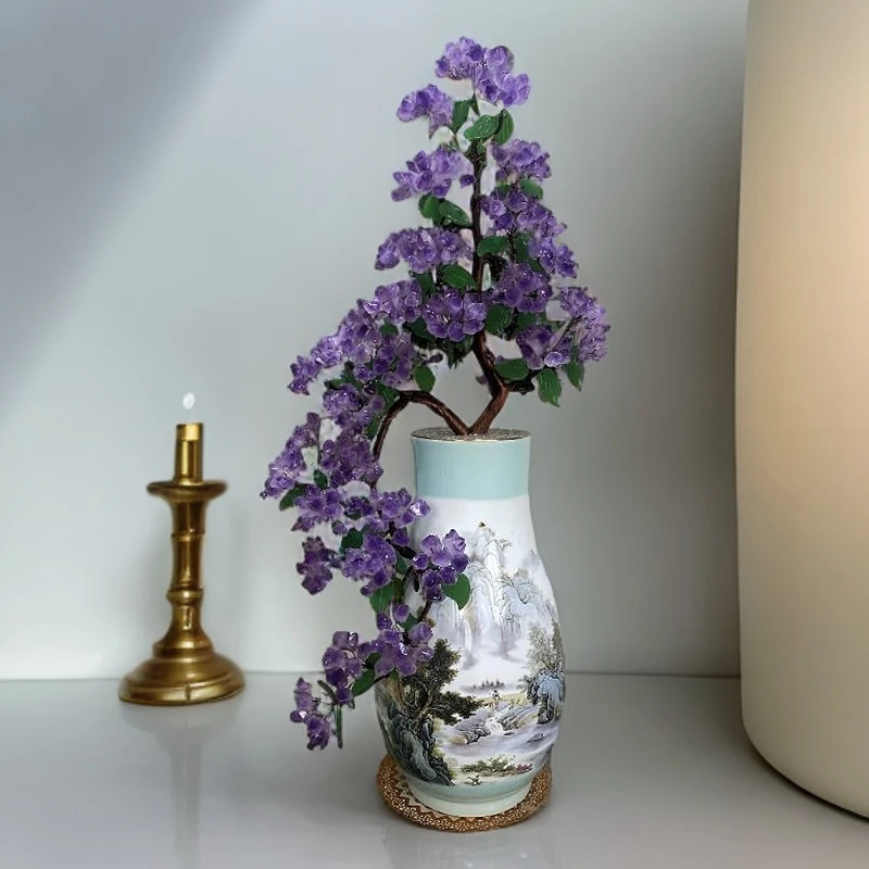 【岩岩原创】天然紫水晶树摆件山水山高水长款陶瓷玄关客厅家居