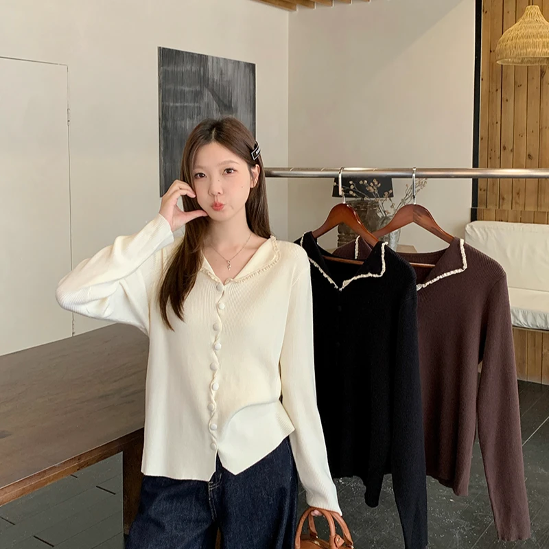 秋冬新款胖mm大码女时尚甜美撞色翻领高级感长袖针织上衣 72103