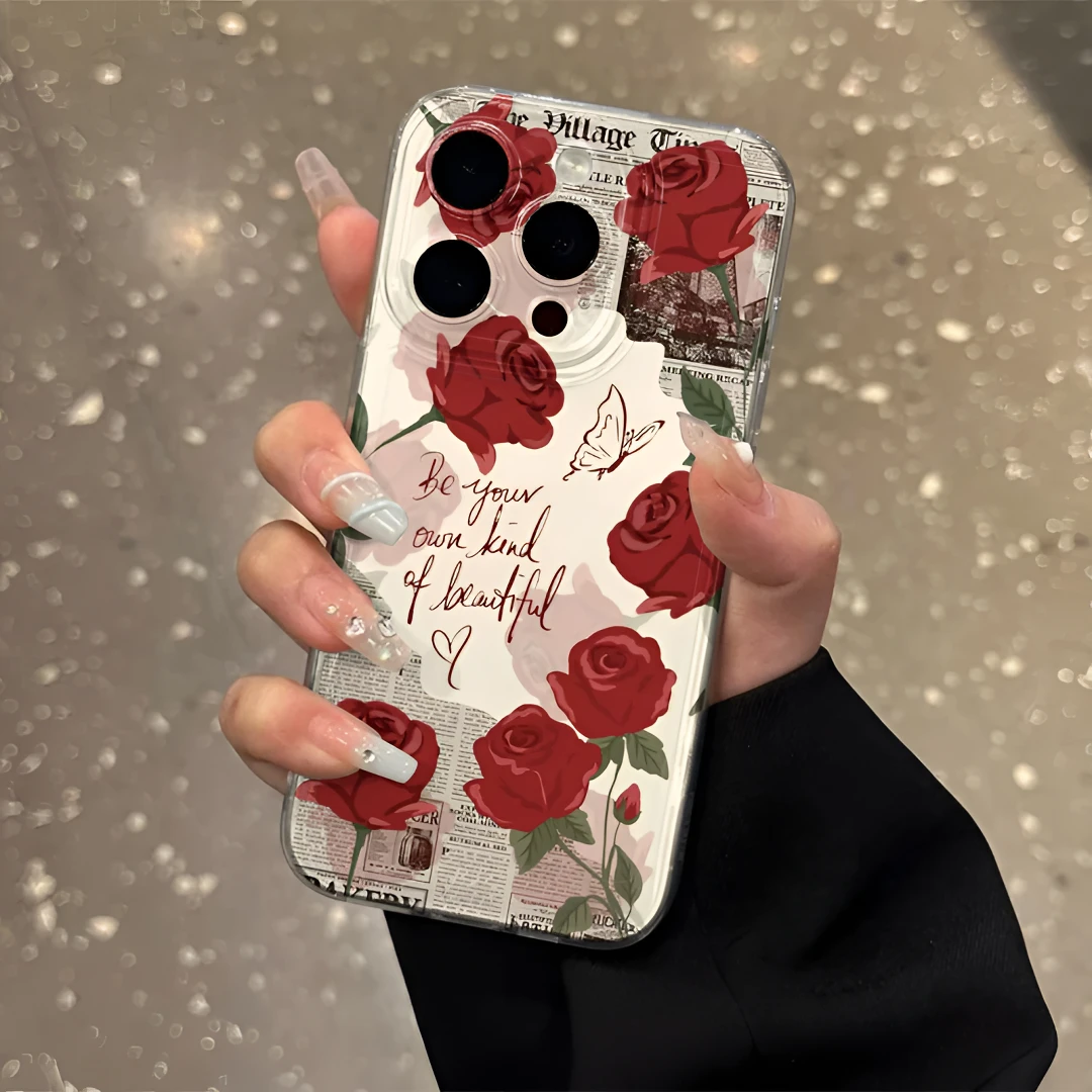 报纸玫瑰适用苹果16手机壳iphone13promax软15小米vivo华为oppo套