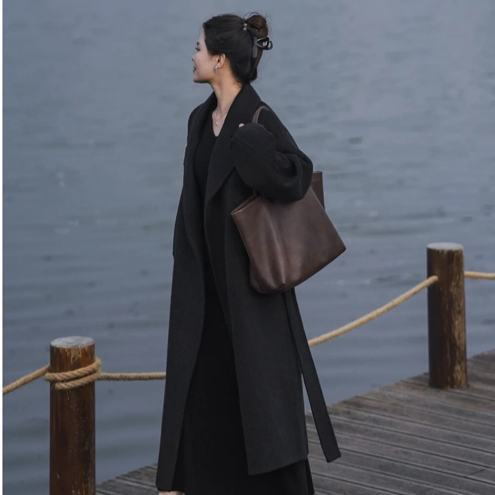 秋冬高端气质双面呢大衣女显瘦插肩袖保暖长款纯色中长款毛呢外套