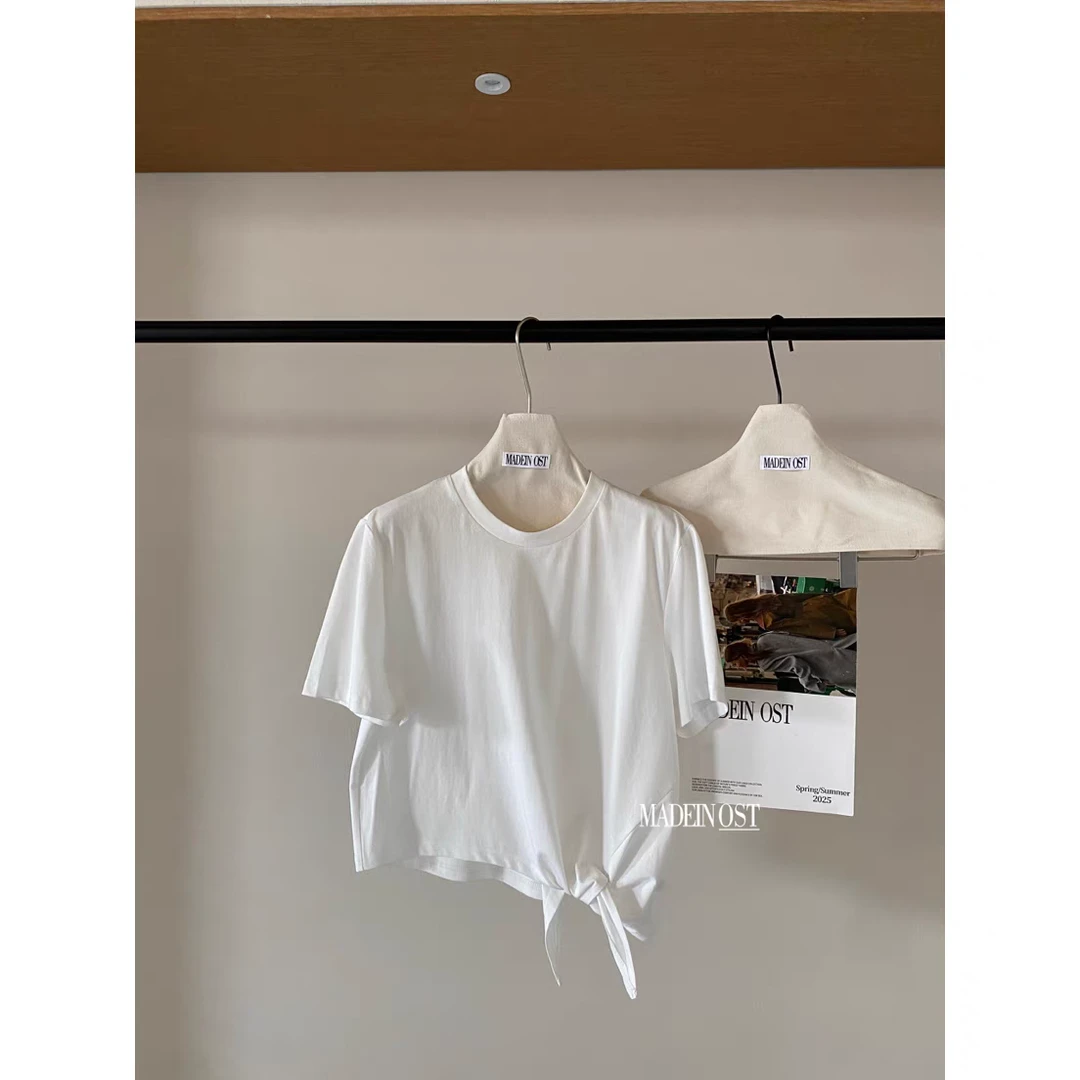 【奥莉】2025春夏：自由简意｜松弛感绑带两穿纯色短袖T恤75686