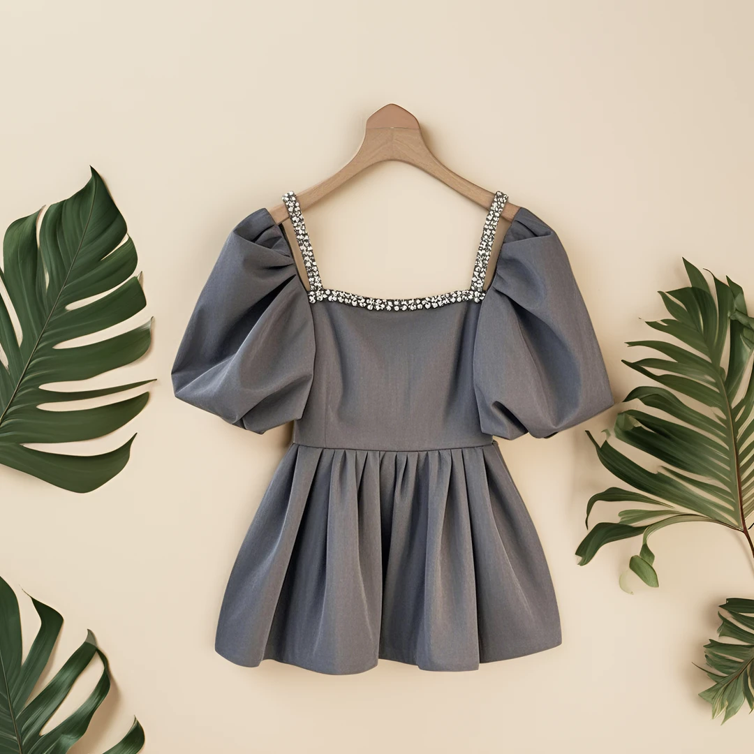 新款重工钉珠法式方领高级感收腰设计别致上衣夏季小衫泡泡袖上衣