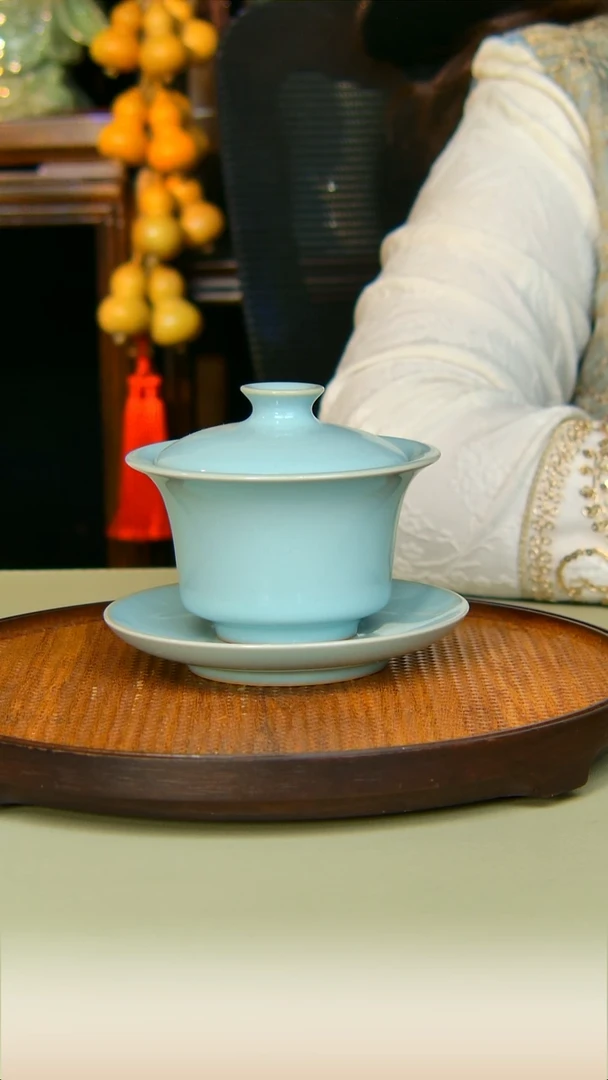 汝瓷马蹄盖碗全手工原矿天青不完美