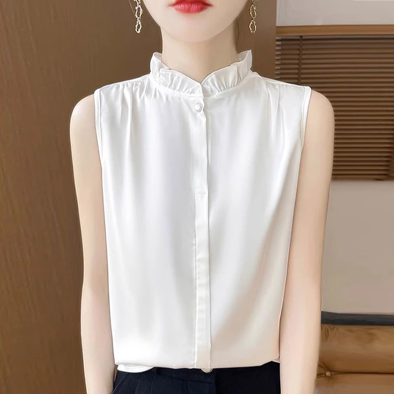 高级感缎面无袖衬衫女士春夏新款木耳边立领职业百搭衬衣打底背心