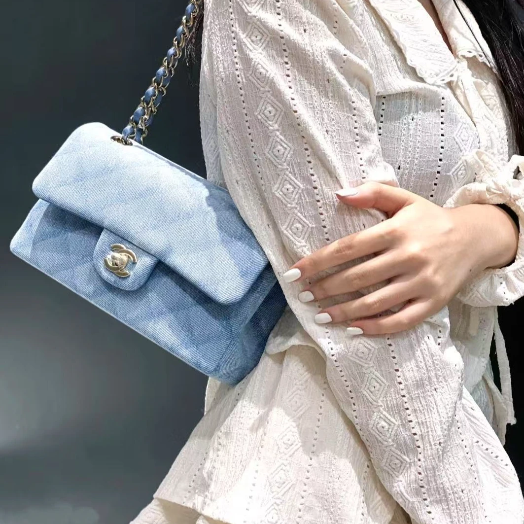 99新 Chanel/香奈儿 22B蓝色菱格纹牛仔CF小号链条包