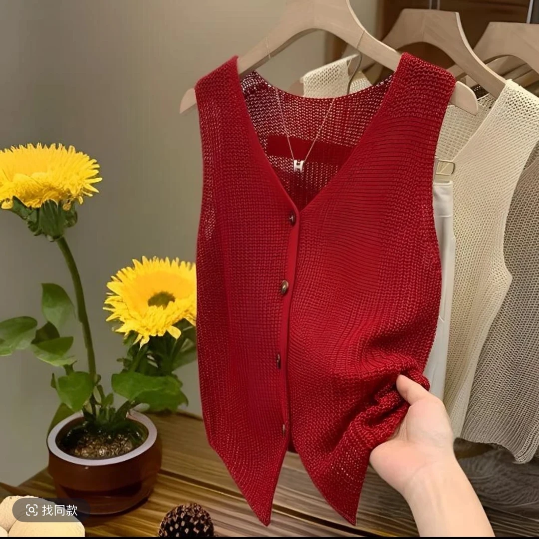 小香风冰丝糖果色背心显瘦设计感少女风复古百搭通勤外搭针织衫