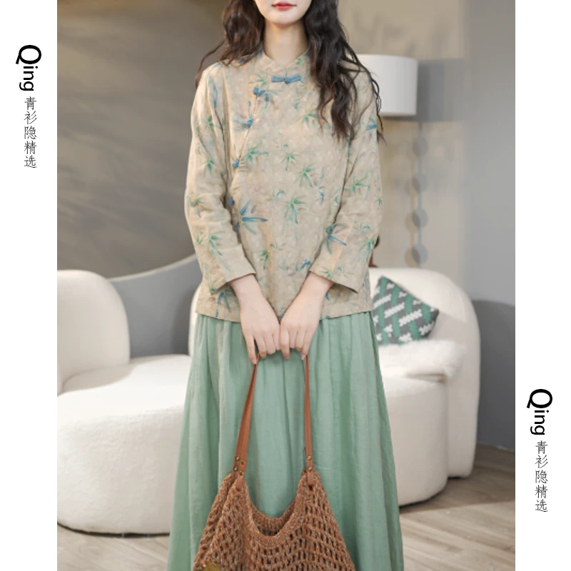 6221春季立领斜襟盘扣复古棉文艺范休闲宽松显瘦茶服女士立领衬衫