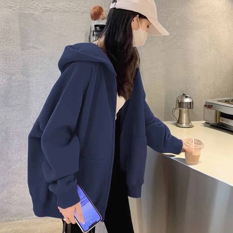 蓝色连帽卫衣宽松加绒拉链开衫外套女春美式大码女装显瘦休闲上衣