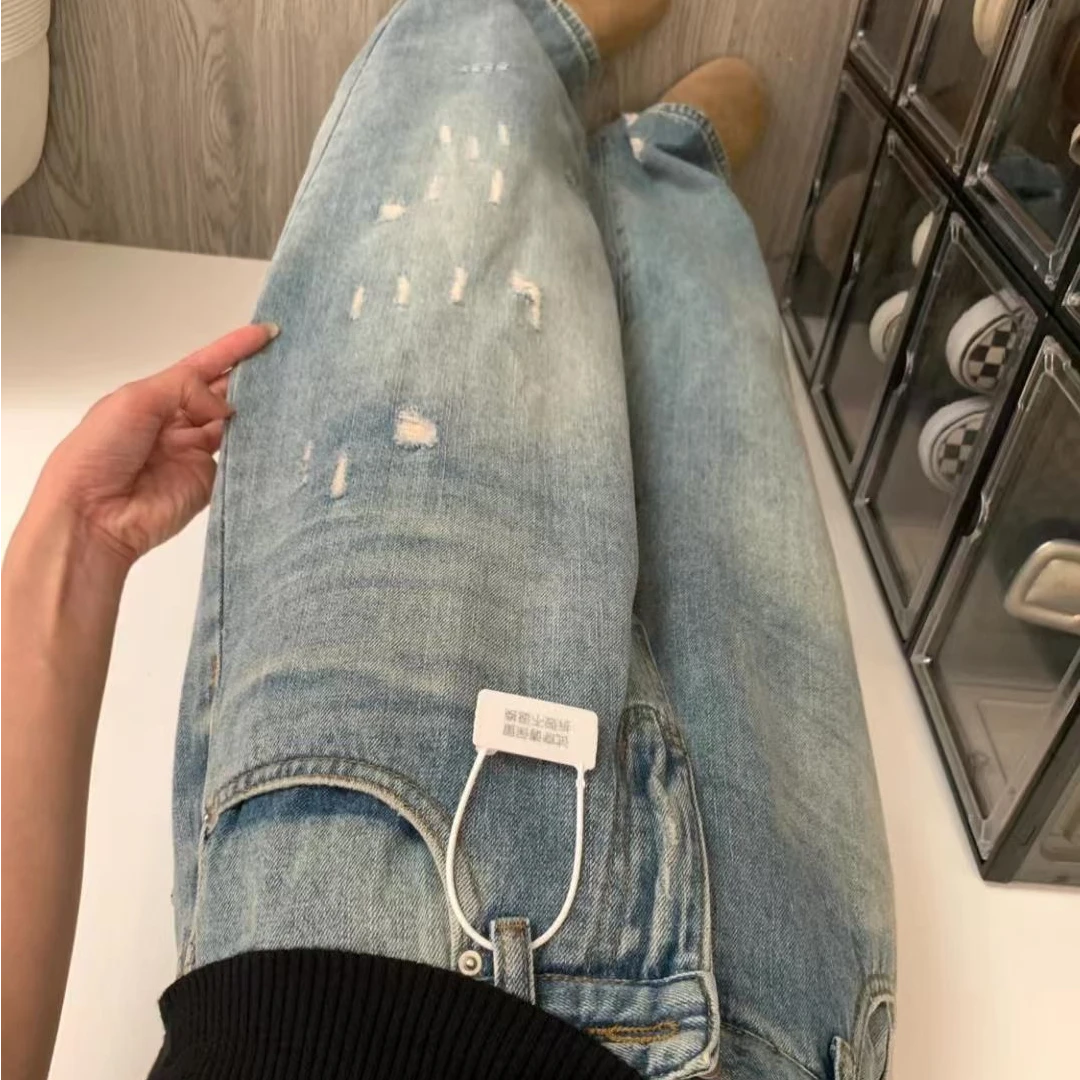 大码复古破洞阔腿牛仔裤女早春新款高腰宽松显瘦百搭休闲直筒裤子