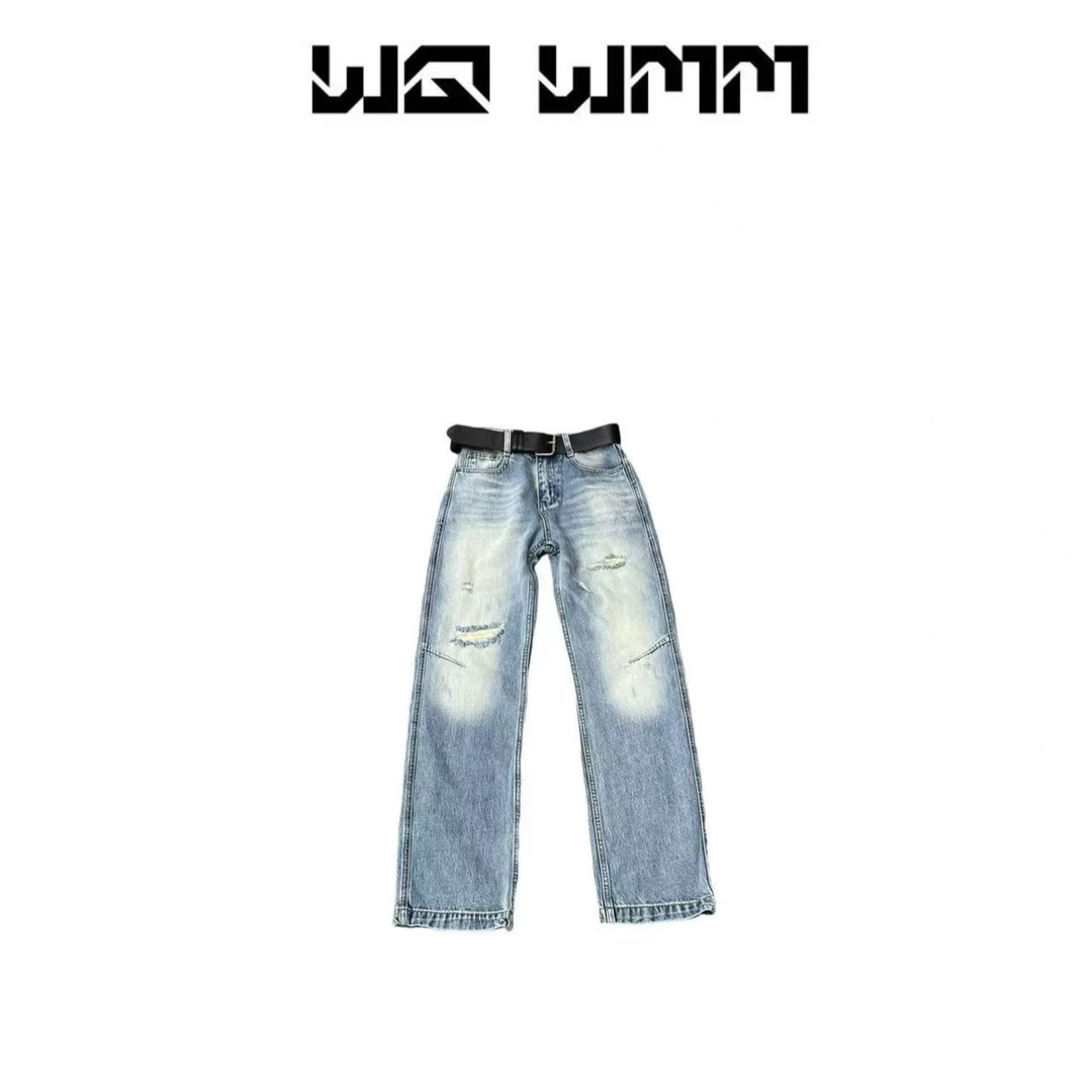 【WQWMM】早春款丹宁风猫须洗水磨破显瘦窄窄版直筒牛仔裤25A2235