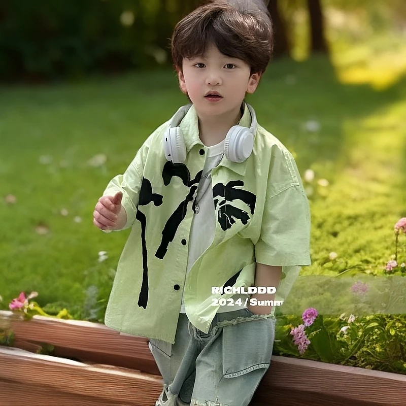 男童夏装套装2025新款度假风男孩短袖衬衫破洞牛仔裤男童潮牌童装
