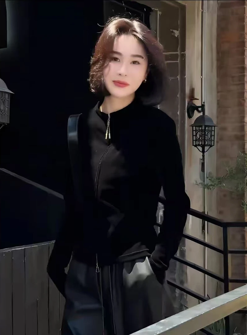 早秋丝绒小外套女2025新款时尚百搭修身双拉链夹克上衣
