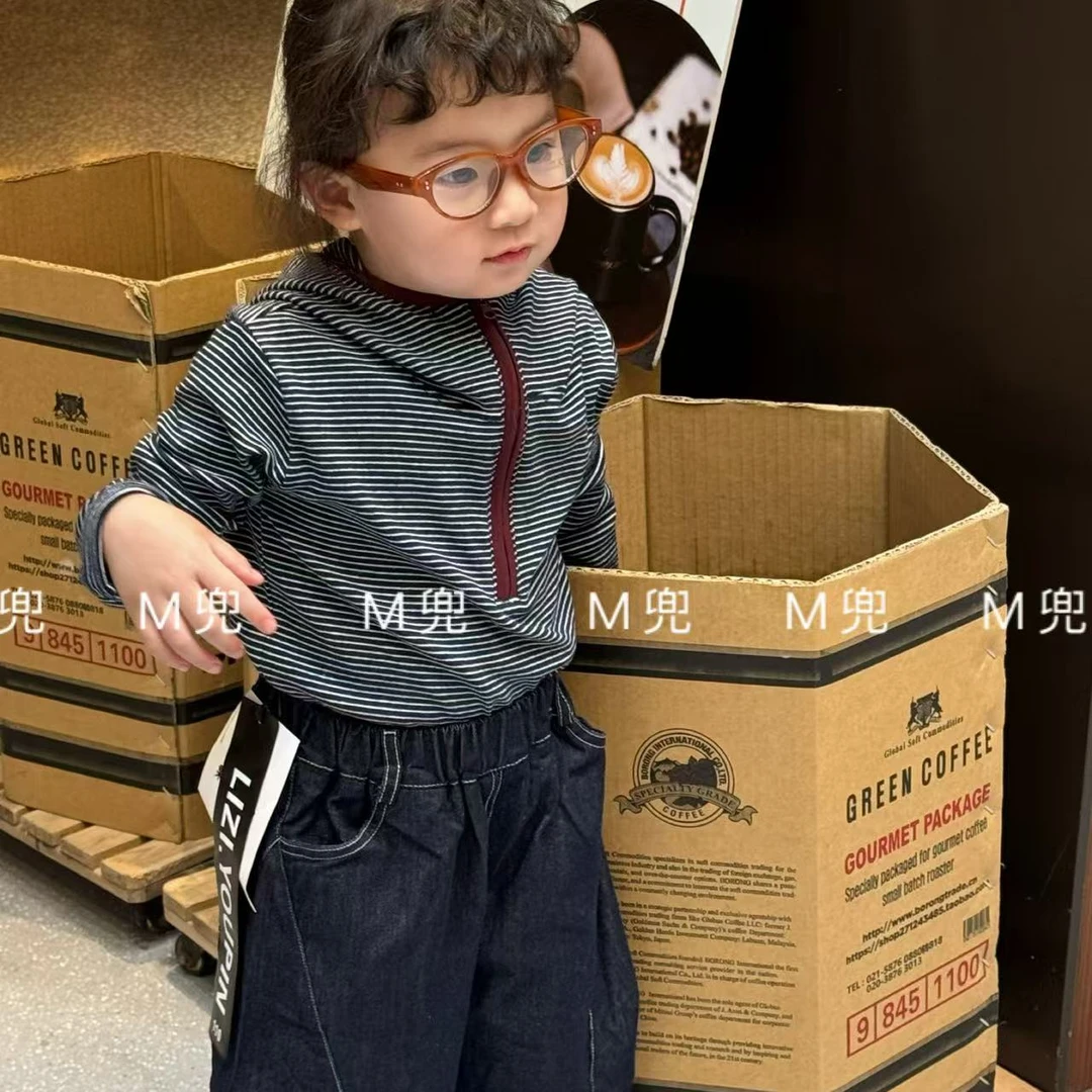 25年春季新款条纹戴帽款打底上衣男女同款儿童上衣