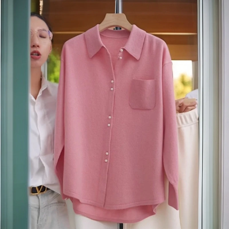 粉色针织衫女2025年秋冬新款高级感时尚洋气休闲百搭宽松衬衫上衣
