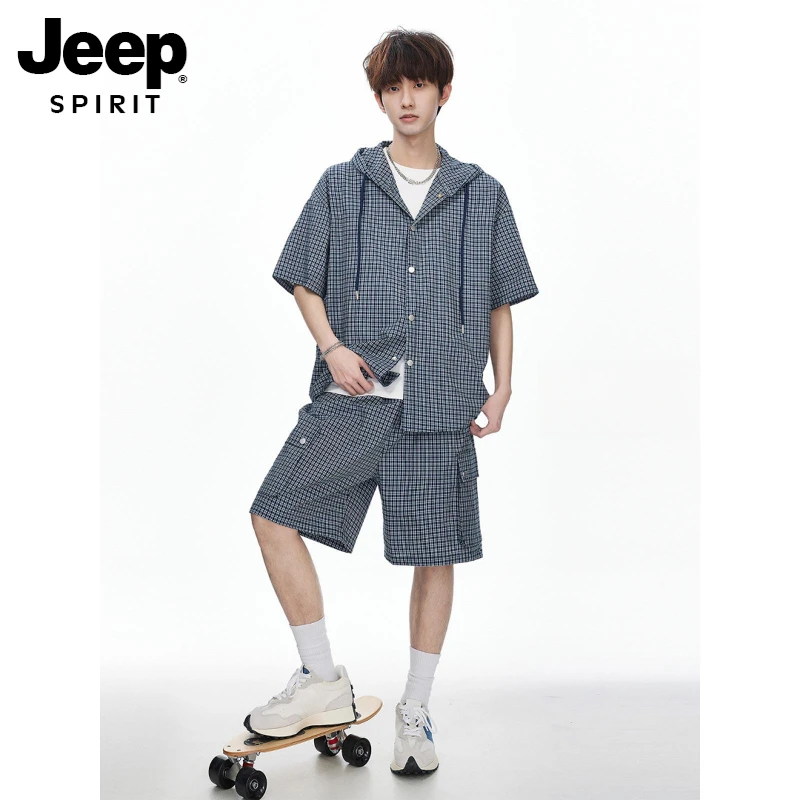 JEEPSPIRIT大码时尚短袖衬衫套装男生2025夏新款潮牌潮流青少年短