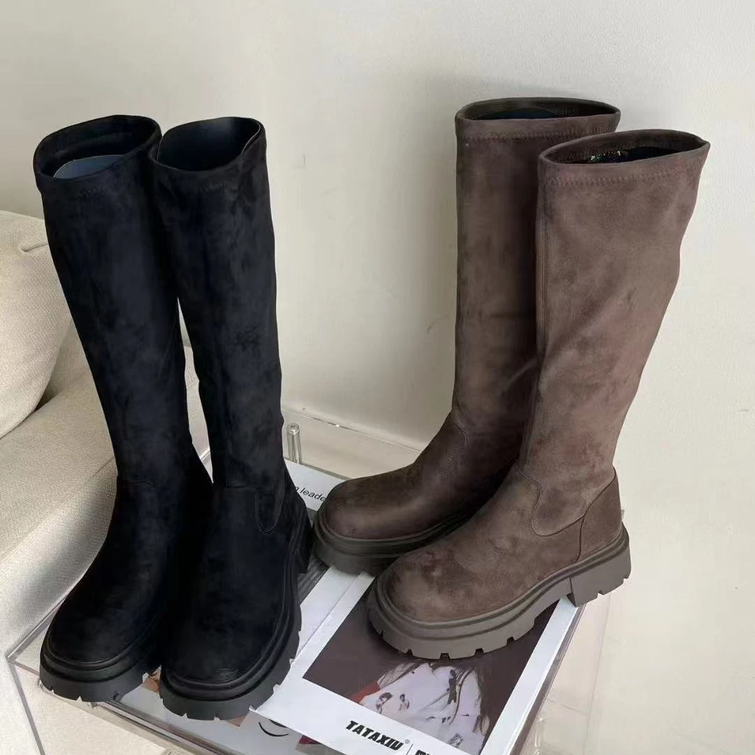 秋冬新款韩版通勤瘦瘦简约厚底裸靴长靴21-3050(薄绒)