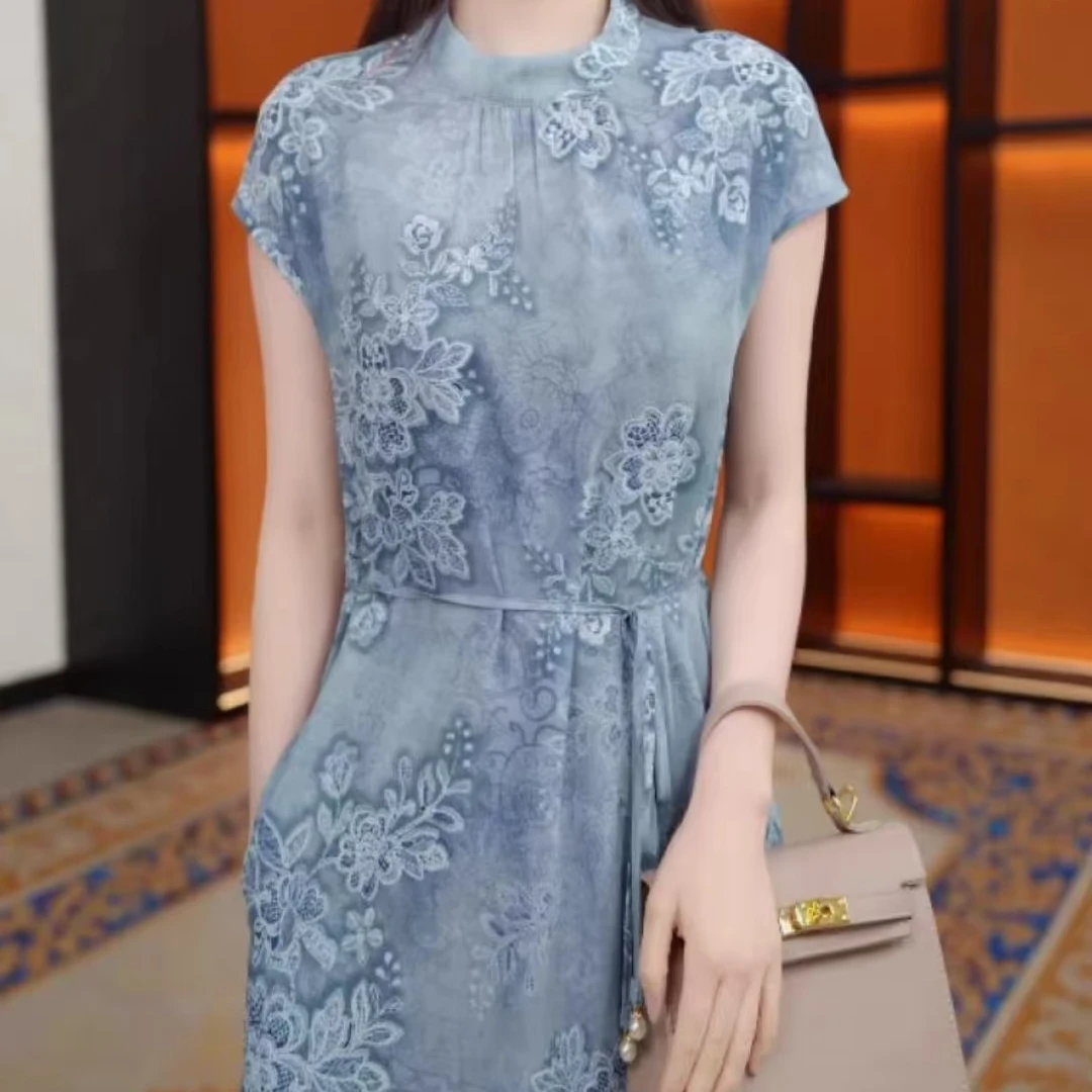 【冰霜花】夏季女装气质玫瑰花连衣裙收腰显瘦圆领时尚裙子1131