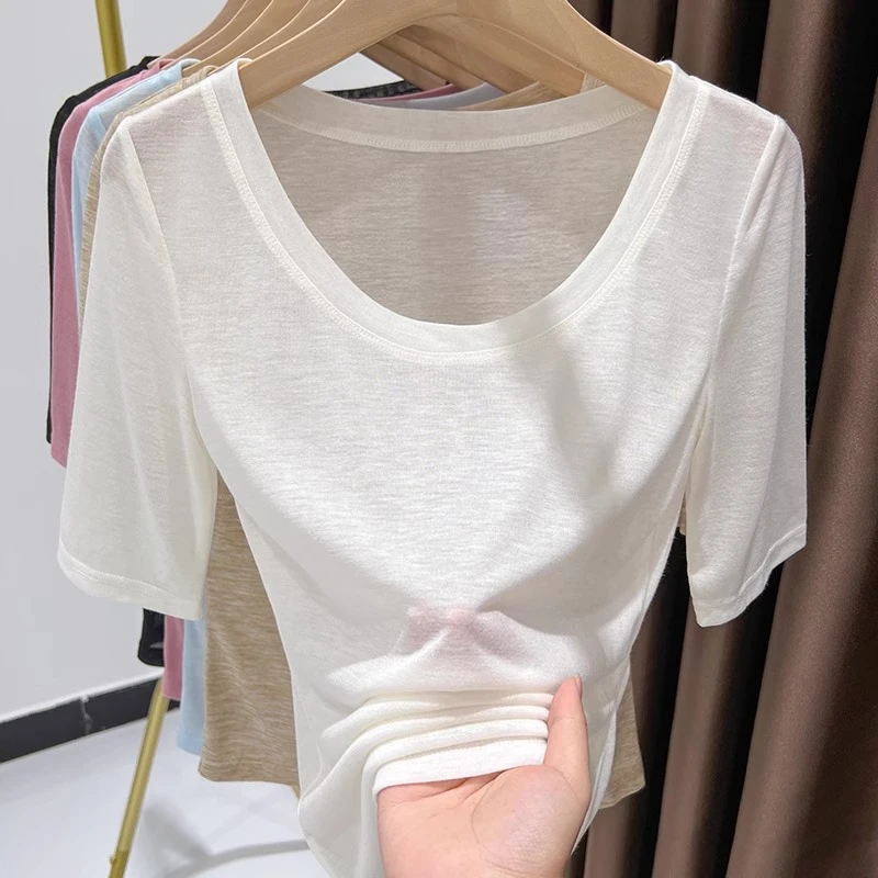 白色超薄微透纯欲风遮肉上衣2025新款韩版时尚圆领显瘦纯色打底衫