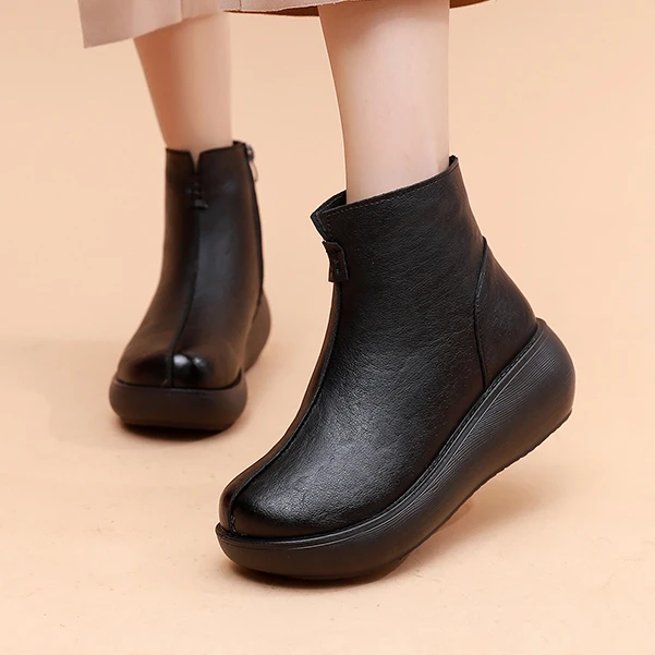 秋冬新款女靴真皮短靴厚底中筒马丁靴圆头棉靴靴子时尚休闲百搭