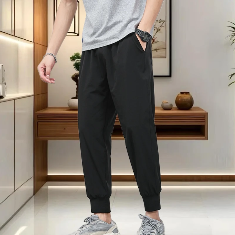 夏季男士冰丝九分束脚裤青年休闲矮个子简约小脚9分直筒运动卫裤