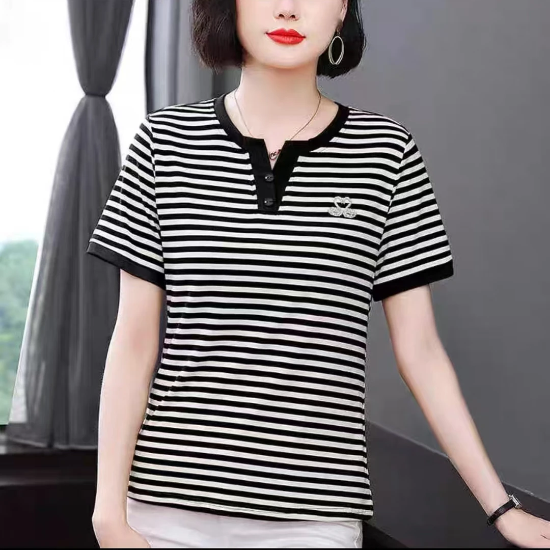 【新款福利】时尚撞色短袖T恤剪刀领休闲百搭减龄宽松弹性大