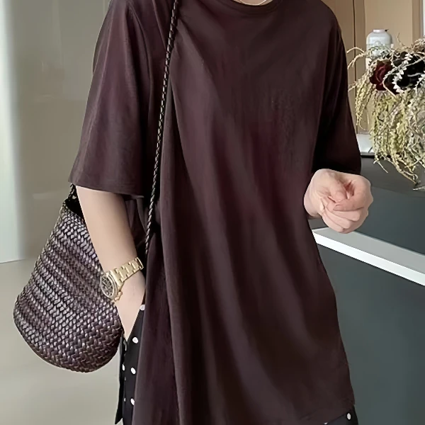 大码简约休闲圆领侧开叉短袖t恤女夏季新款胖mm宽松百搭显瘦上衣